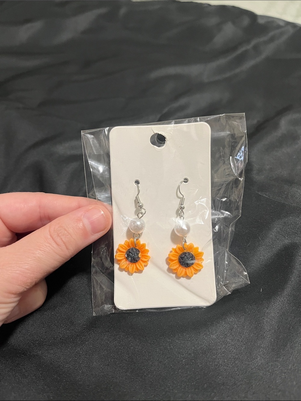 Orange Sunflower Drop Earrings with Pearl Accent
